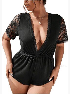 Plus Size Deep V Neck Lace Romper Pajamas Soft Sleepwear